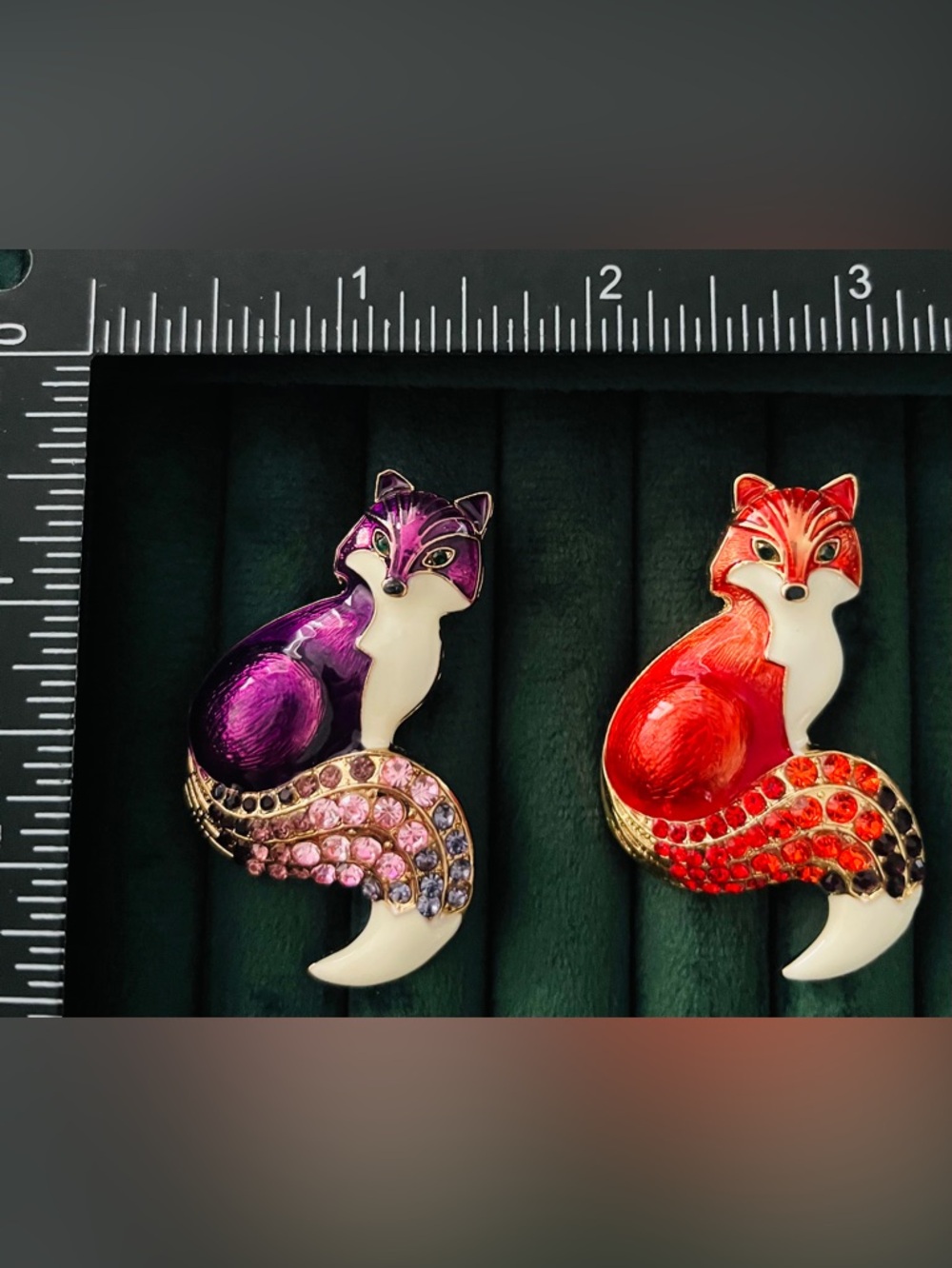 2Pcs Enamel Fox Brooch Set Rhinestone Crystal Animal Pin Heavy Work Jewelry Gift